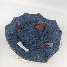 Load image into Gallery viewer, Original 1950’s Lacquered Raffia Hat with Flower Trim and Net in Navy, White and Yellow
