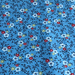 Vintage Cotton Dressmaking Fabric - Blue Base with Ditsy Floral Print in Red, White and Green - 35" x 88"