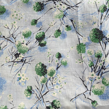 Load image into Gallery viewer, Original 1950&#39;s Slub Pure Silk Dressmaking Fabric with Green, Blue, Black and White Print on Palest Blue - 35&quot; x 180&quot;
