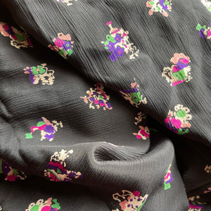Original 1940's Black Pure Silk Novelty Print Dressmaking Fabric with Flowers and Houses in Pink, Green and Purple - 35" x 140"