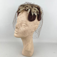 Load image into Gallery viewer, Original 1950&#39;s Brown and Cream Floral Half Hat with Veil *
