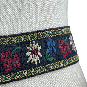 Vintage Embroidered Tyrolean Brooch Featuring Edelweiss and Gentian with Heart Shaped Double Buckle - Waist 29 30