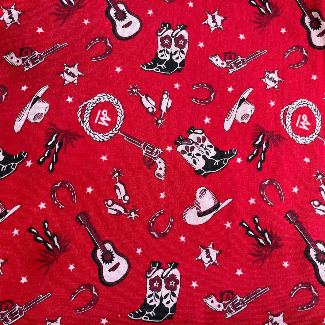 Alexander Henry Cowboy and Guitar Print Fabric in Red, Black and Pale Pink - 100% Cotton Dressmaking Fabric - 42