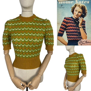 Reproduction 1940's Victory Jumper in Mustard, Green and White Hand Knitted from a WW2 Pattern by Home Notes - Bust 34