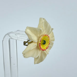 Vintage 1940's 1950's Carved Daffodil Brooch and Clip on Earring Set