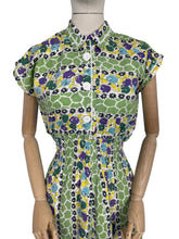 Load image into Gallery viewer, Original 1940&#39;s Green, Purple, Yellow and Blue Cotton Day Dress with Ric-rac Trim - Bust 38
