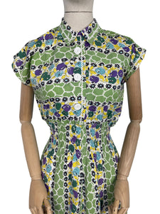 Original 1940's Green, Purple, Yellow and Blue Cotton Day Dress with Ric-rac Trim - Bust 38