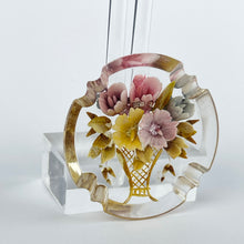Load image into Gallery viewer, Original 1940&#39;s 1950&#39;s Reverse Carved Lucite Brooch with Scalloped Edge and Pretty Flowers in a Vase
