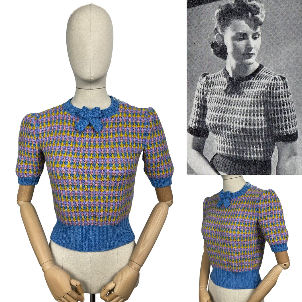 Reproduction 1940's Waffle Stripe Jumper in Blue, Pink, Purple and Mustard Knitted from a Wartime Pattern - Bust 36 38 40