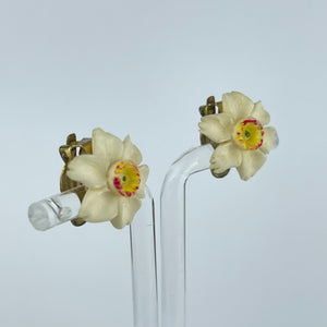 Vintage 1940's 1950's Carved Daffodil Brooch and Clip on Earring Set