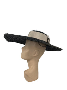 Huge Original 1940's Black Coarse Straw Sunhat with Wide Grosgrain Trim and Bow *