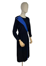 Load image into Gallery viewer, Original 1980&#39;s does 1940&#39;s Black and Blue Crepe Colour Block Dress - Bust 34 36 *
