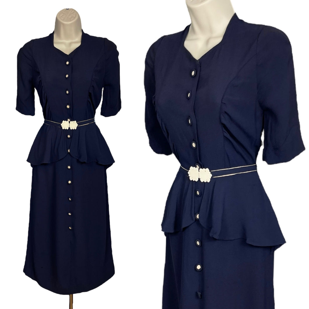 Original 1930's Navy Blue Crepe Belted Day Dress with Half Peplum and Two-Tone Buttons - Bust 32
