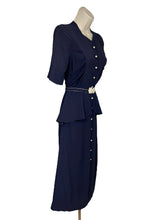 Load image into Gallery viewer, Original 1930&#39;s Navy Blue Crepe Belted Day Dress with Half Peplum and Two-Tone Buttons - Bust 32&quot; *

