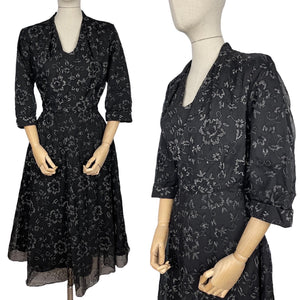 Original 1950's Volup Cocktail Dress in Black Net With Flower Print by Philip Kunick - Bust 42 44