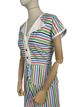 Load image into Gallery viewer, Original 1940&#39;s Lightweight Summer Dress in Stripes of Blue, Red and Green on White - Bust 38 40
