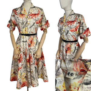 Original Late 1940's or Early 1950's CC41 Belted Zip Fronted Bold Floral Dress in Taffeta - Bust 36 38