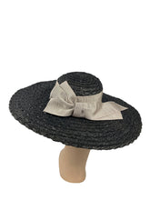 Load image into Gallery viewer, Huge Original 1940&#39;s Black Coarse Straw Sunhat with Wide Grosgrain Trim and Bow *
