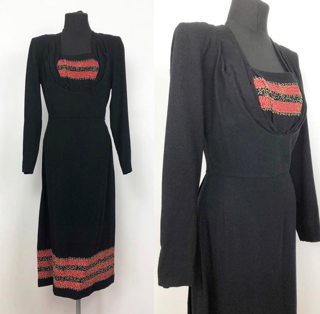 1930s Black, Red and Gold Evening Dress with Soutache