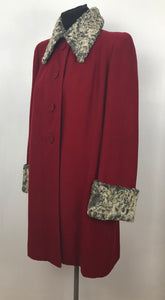 1940s Red Wool Coat with Grey Fur Trim - B38