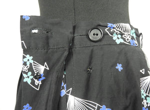 1950s Black Cotton Novelty Print Skirt with Fans - W27 28