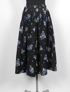 1950s Black Cotton Novelty Print Skirt with Fans - W27 28