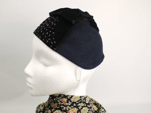 1930s Navy Felt and Black Velvet Beaded Evening Hat
