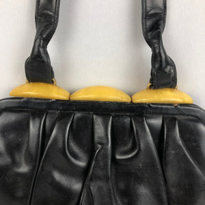 Original 1940s Black Leather Handbag with Yellow Lucite Clasp - Vintage Bag