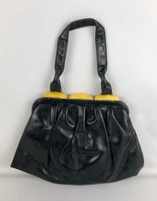 Load image into Gallery viewer, Original 1940s Black Leather Handbag with Yellow Lucite Clasp - Vintage Bag
