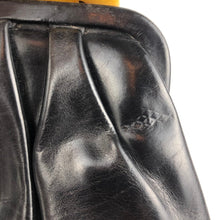 Load image into Gallery viewer, Original 1940s Black Leather Handbag with Yellow Lucite Clasp - Vintage Bag
