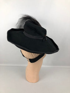 1940s Wide Black Felt Hat With Huge Feather Trim