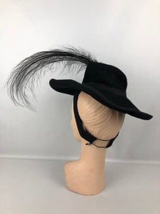 1940s Wide Black Felt Hat With Huge Feather Trim
