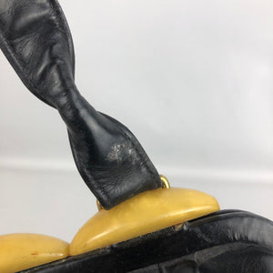 Original 1940s Black Leather Handbag with Yellow Lucite Clasp - Vintage Bag