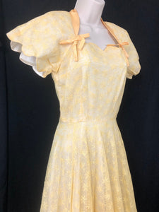 1950s Lee Delman Yellow Floral Net Evening Dress