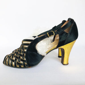 1940s Russell & Bromley Black and Gold Evening Shoes - UK 3 3.5