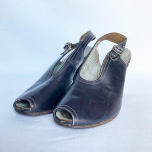 Original 1940s Brevitt Navy Leather Sling Back Peep Toe Shoes - UK 3 3.5 *