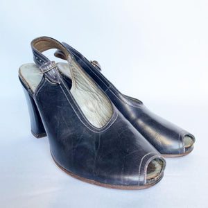 Original 1940s Brevitt Navy Leather Sling Back Peep Toe Shoes - UK 3 3.5 *