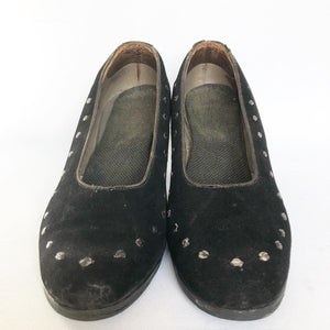 Original 1940s Black Suede and Leather Court Shoes - UK 3 3.5