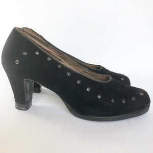 Original 1940s Black Suede and Leather Court Shoes - UK 3 3.5