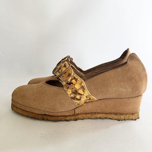 1940's Suede and Snakeskin Wedge Shoes - Vintage - UK 3.5 - Wedges - 3 1/2*
