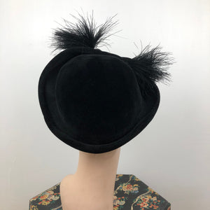 Original 1920s or 1930s Black Fur Felt and Ostrich Feather Hat - Deco - Flapper