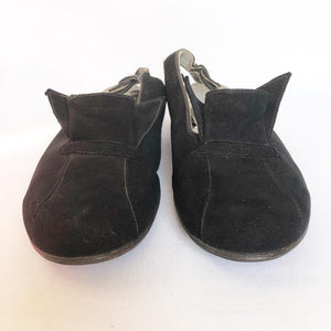 1940s Velvet Step Black Suede Flat Shoes - UK 3.5 or 4