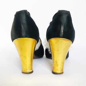 1940s Russell & Bromley Black and Gold Evening Shoes - UK 3 3.5