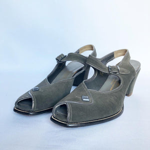 Original 1940s Charcoal Grey Suede Sandals - Great Shoes - UK 7 or 7.5