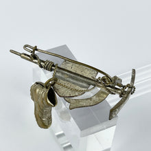 Load image into Gallery viewer, 1940&#39;s 1950&#39;s White Metal Tyrolean Novelty Brooch with Walking Stick, Boot and Shield

