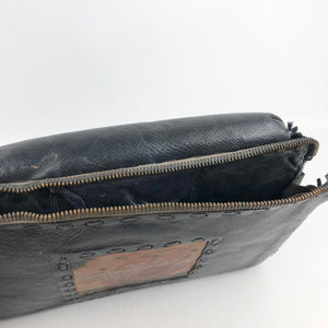 Original 1930s 1940s Navy and Brown Tooled Leather Muff Bag with Sailing Ship Design