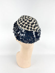 Original 1920's 1930's Black and White Crochet Beret - Cap with Sequin Trim *