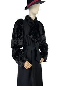 RESERVED FOR SAM Incredible Original 1930s Black Belted Wool Coat with Faux Fur Sleeves - Bust 34 35 36