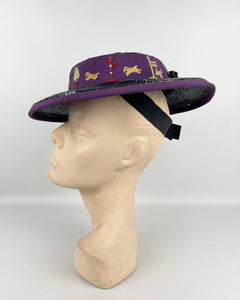 Original 1940's Indigo Blue Lacquered Straw Hat with Purple Trim and Applique Dogs