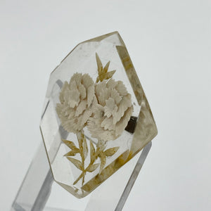 Original 1940s 1950s Diamond Shaped Reverse Carved Lucite Brooch with White Carnations